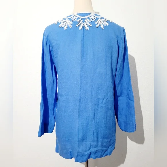 Lilly Pulitzer Linen Tunic Top Blue White Embroidered V-Neck Long Sleeve Size S - Picture 5 of 15